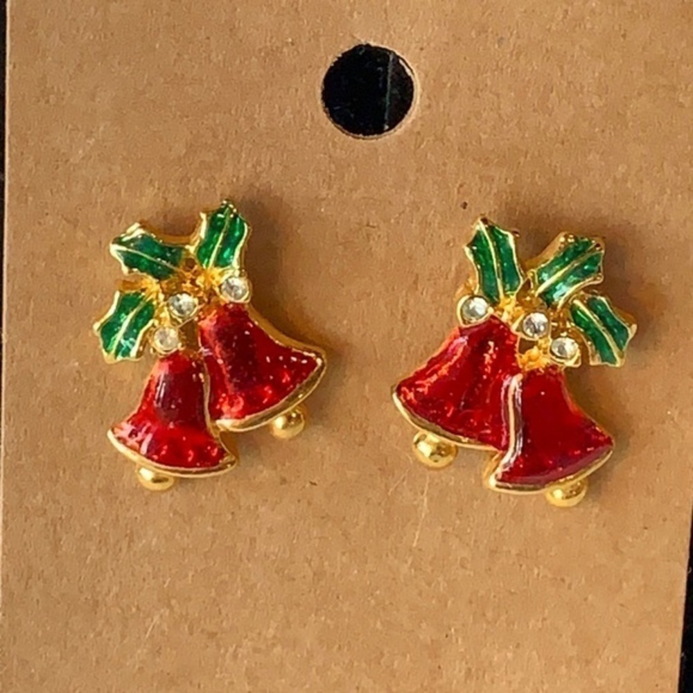 💐5/25 Christmas bells ornaments earrings red green enamel